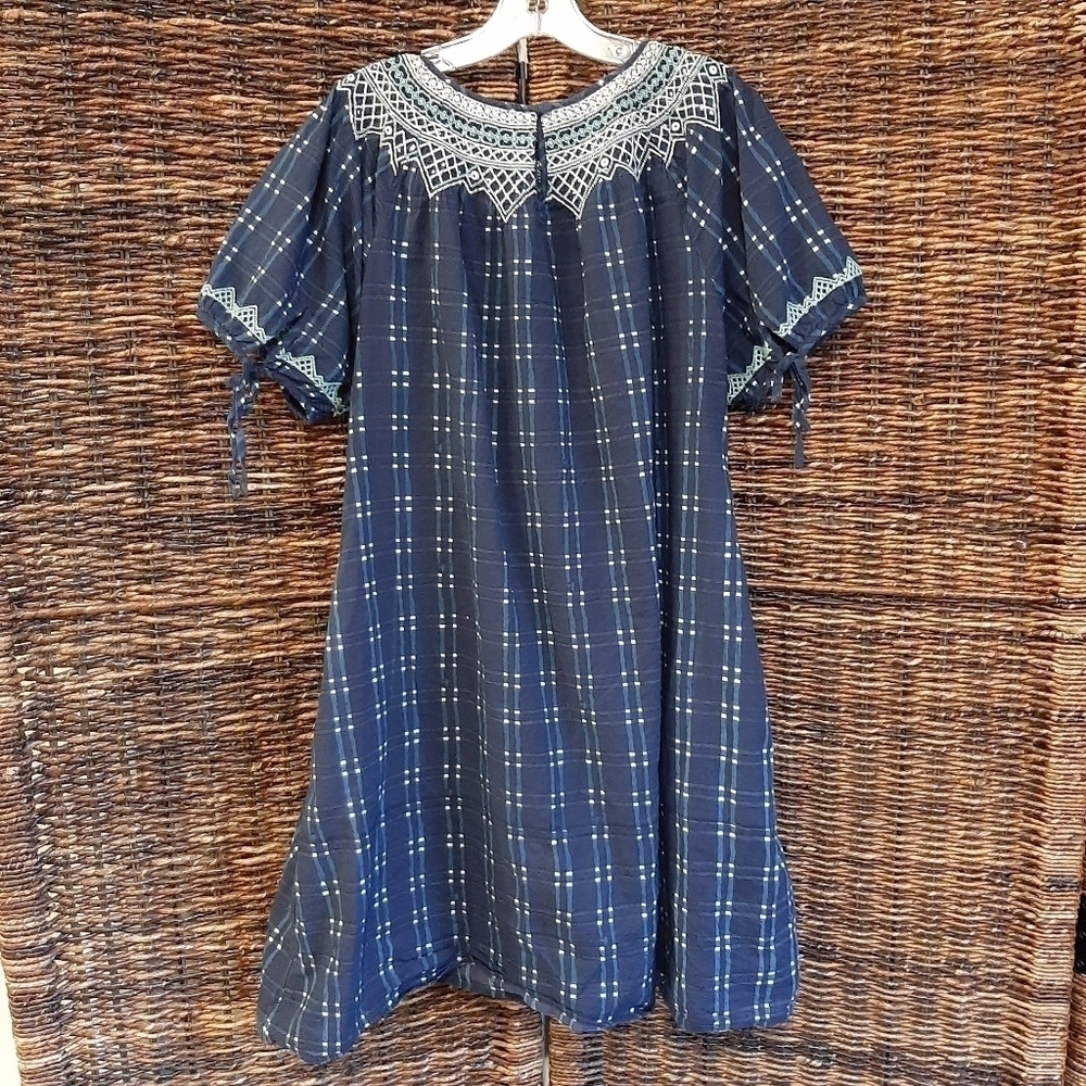 Madewell Embroidered Puff Sleeve Babydoll Mini Dress Indigo Plaid XS Navy Blue - Picture 7 of 12